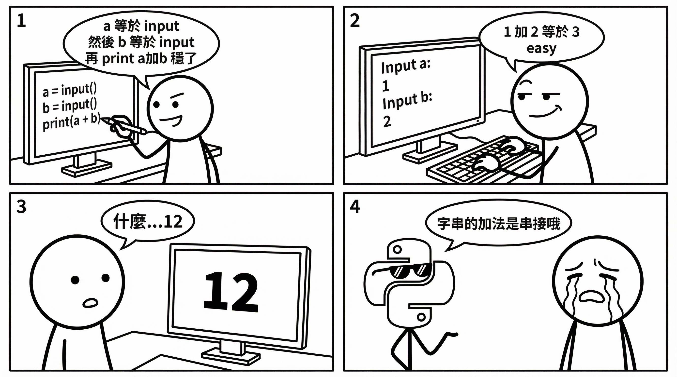 📷 圖 7：學生發現 1+2 等於 12 的驚愕四格漫畫（AI 製圖）