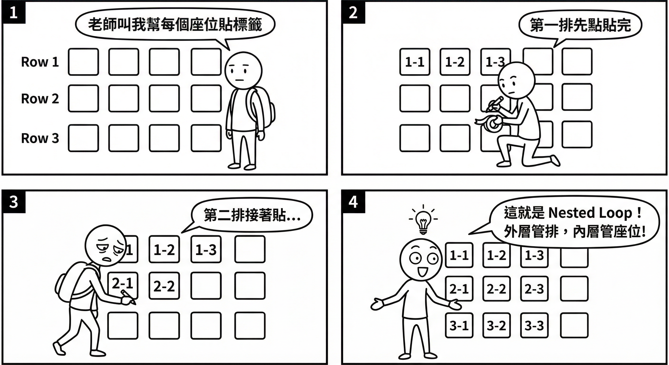 📷 圖 9:學生要在教室每排每個座位貼標籤的四格漫畫(AI 製圖)