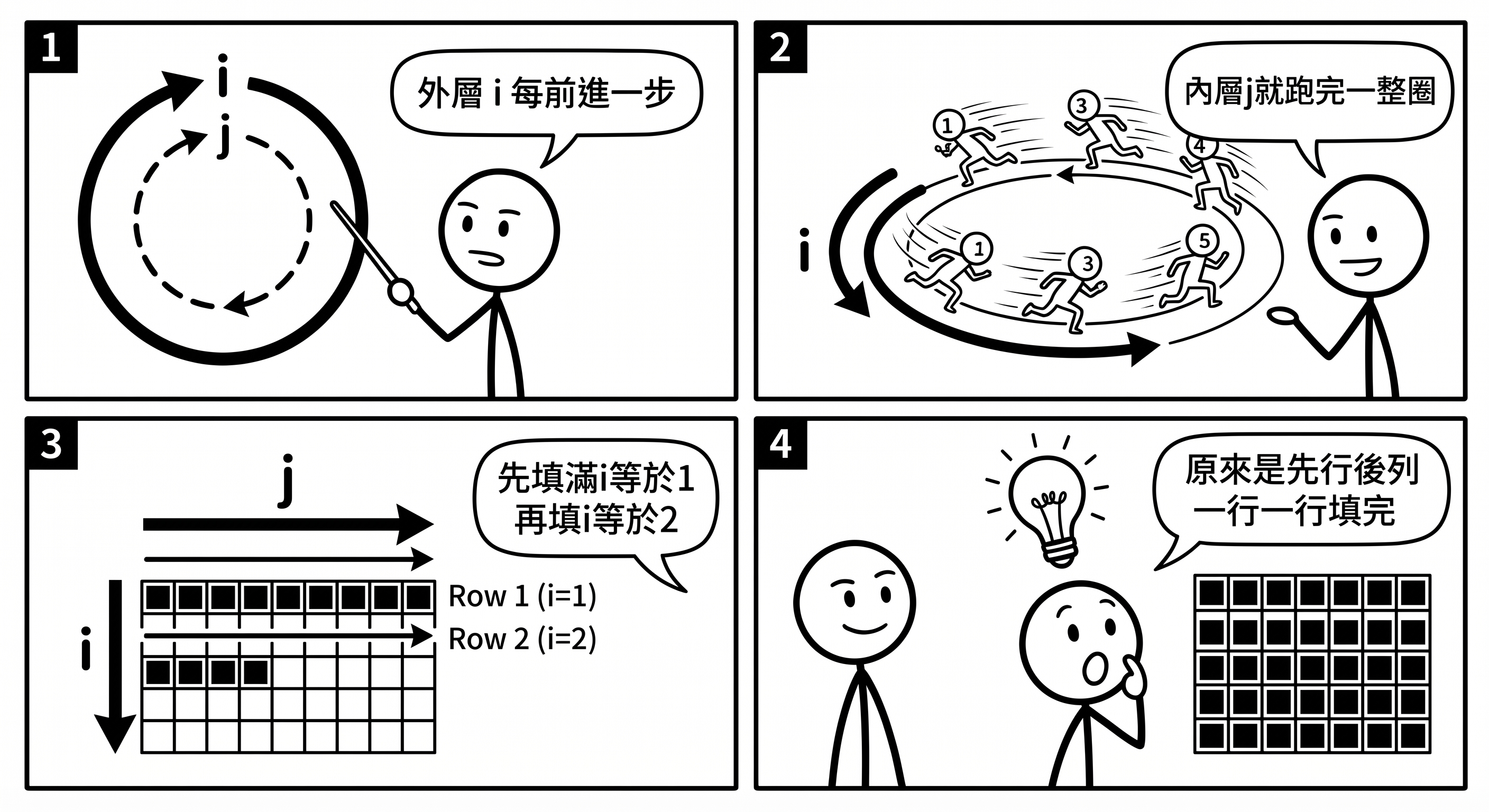 📷 圖 10:巢狀迴圈執行流程示意圖,外層控制行、內層控制列(AI 製圖)